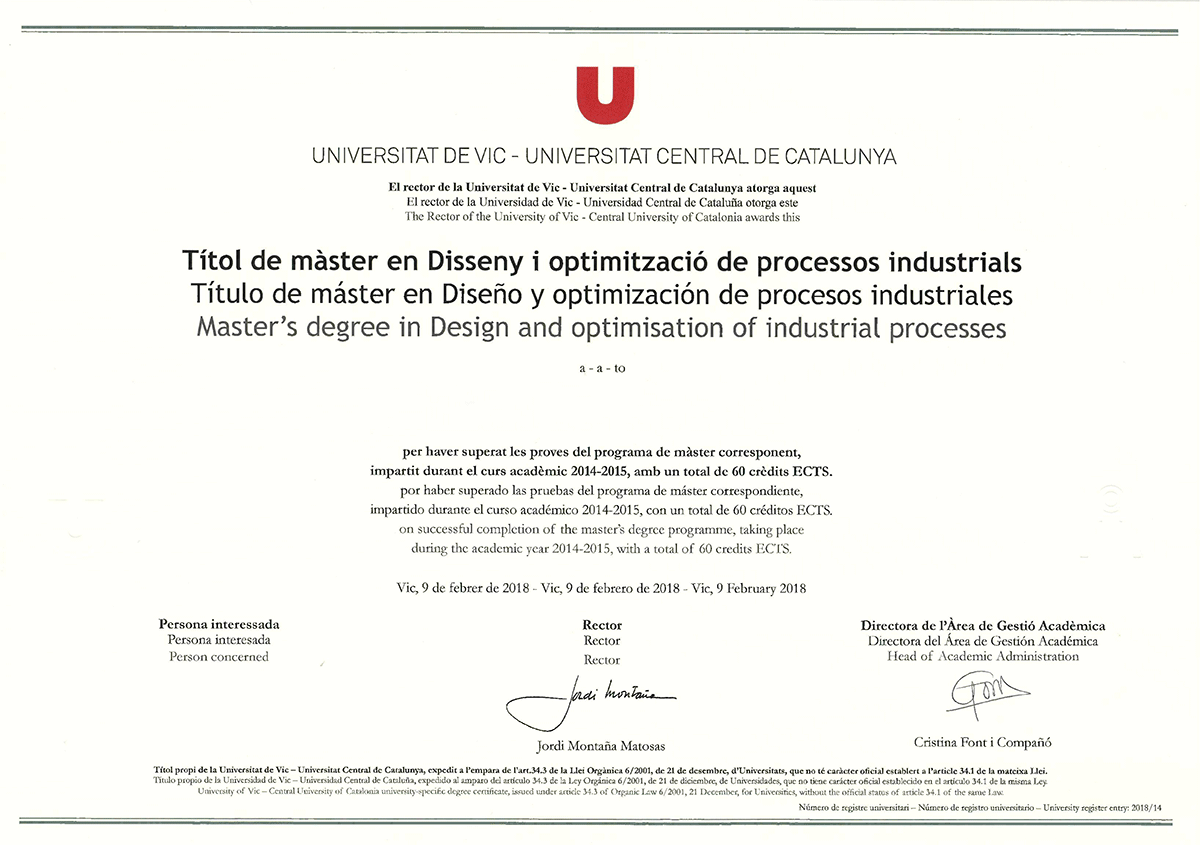 Título universitario de CEAM, por la Universitat de Vic - Universitat Central de Catalunya